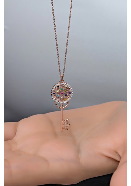 925 Ayar Gümüş Rose Mix Taşlı Anahtar Kolye fiyatları