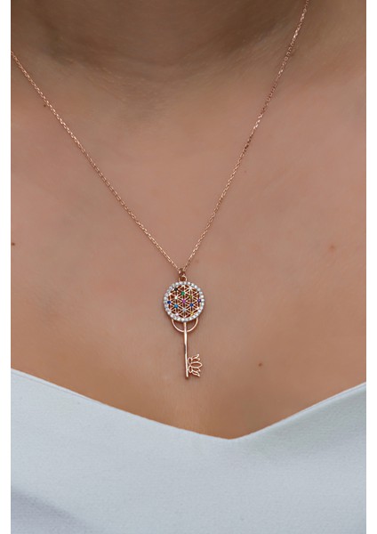 925 Ayar Gümüş Rose Mix Taşlı Anahtar Kolye modelleri