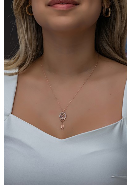 925 Ayar Gümüş Rose Mix Taşlı Anahtar Kolye fırsatları