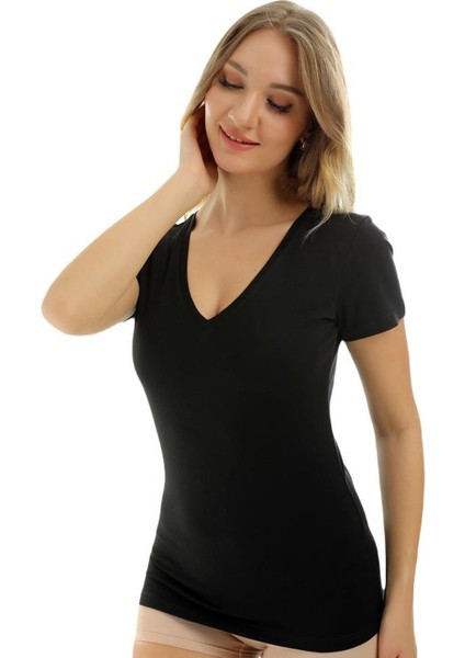 Kısa Kollu V Yaka Slim Fit Kadın Body T-Shirt 2036