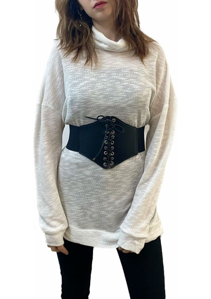 Beyaz Merserize Yakası Dökümlü Salaş Triko Tunik Tasarım Hediye Büyük Beden