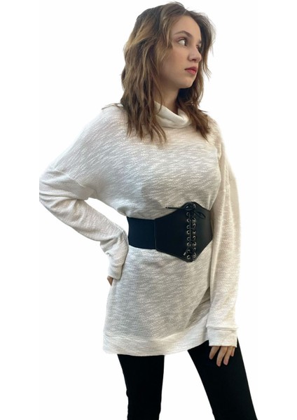 Beyaz Merserize Yakası Dökümlü Salaş Triko Tunik Tasarım Hediye Büyük Beden fiyatları