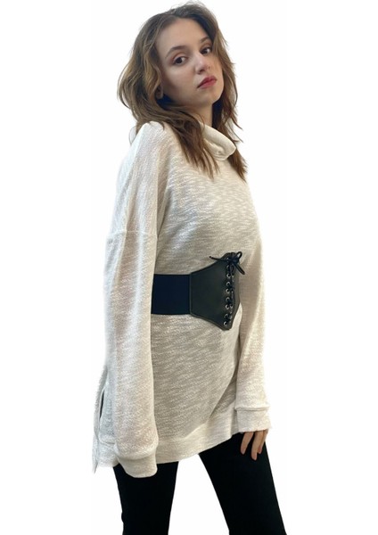 Beyaz Merserize Yakası Dökümlü Salaş Triko Tunik Tasarım Hediye Büyük Beden modelleri