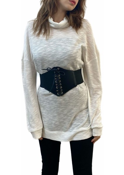 Beyaz Merserize Yakası Dökümlü Salaş Triko Tunik Tasarım Hediye Büyük Beden fırsatları