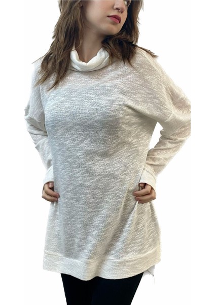 Beyaz Merserize Yakası Dökümlü Salaş Triko Tunik Tasarım Hediye Büyük Beden indirimleri