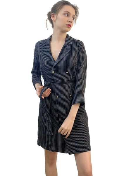 Beyaz Çizgili Düğme Detaylı Kuşaklı Siyah Mini Kadın Abiye Elbise Tasarım Hediye Büyük Beden