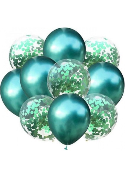 10 Lu Yeşil Konfetili Krom Yeşil Balon Seti