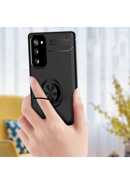Samsung Galaxy Note 20 Kılıf Kamera Çıkıntılı Renkli Yüzüklü Standlı Mıknatıslı Kapak (Ravel)