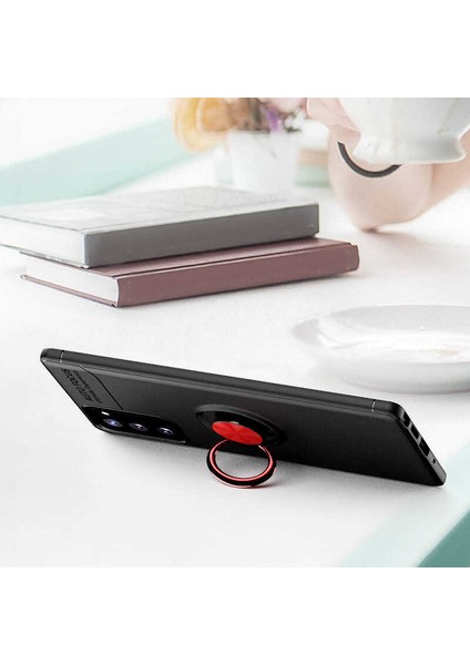 Samsung Galaxy Note 20 Kılıf Kamera Çıkıntılı Renkli Yüzüklü Standlı Mıknatıslı Kapak (Ravel)