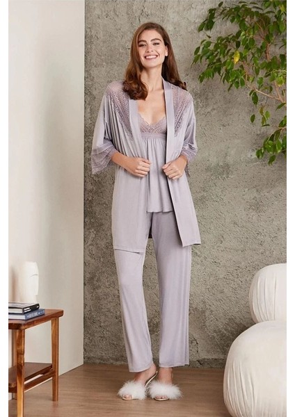 2820 Kadın Royal Dantelli Penye 3'lü Sabahlıklı Pijama Takım