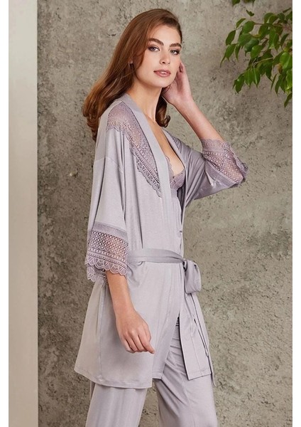 2820 Kadın Royal Dantelli Penye 3'lü Sabahlıklı Pijama Takım modelleri