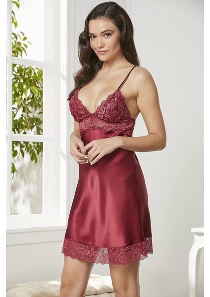 Saten Dantelli Gecelik 890 Bordo