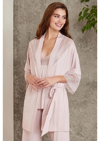 2820 Kadın Pudra Dantelli Penye 3'lü Sabahlıklı Pijama Takım