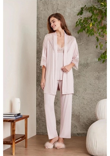 2820 Kadın Pudra Dantelli Penye 3'lü Sabahlıklı Pijama Takım