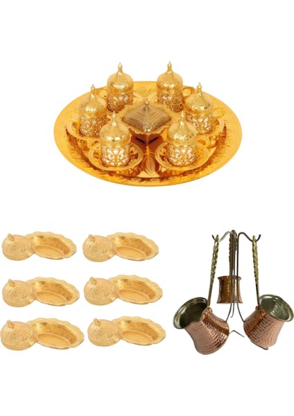 Gold 6 Kişilik Fincan Takımı + Şekerlik + Tepsi + Bakır Cezve Seti 3 Boy + Lokumluk 6 Adet
