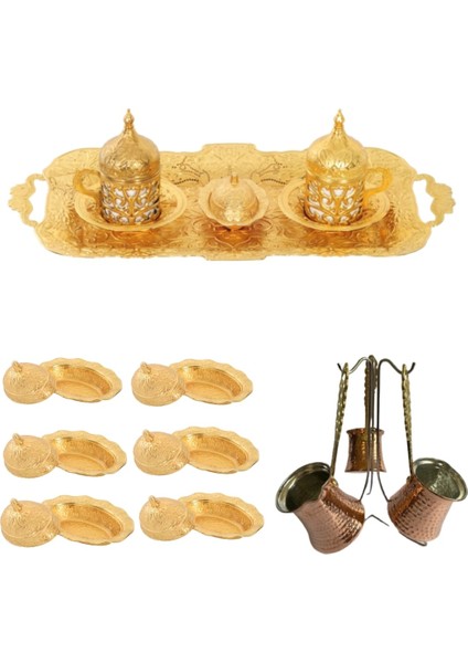 Gold Kahve Fincan Takımı 2 Kişilik 6 Adet Lokumluk + 3 Boy Cezve Seti