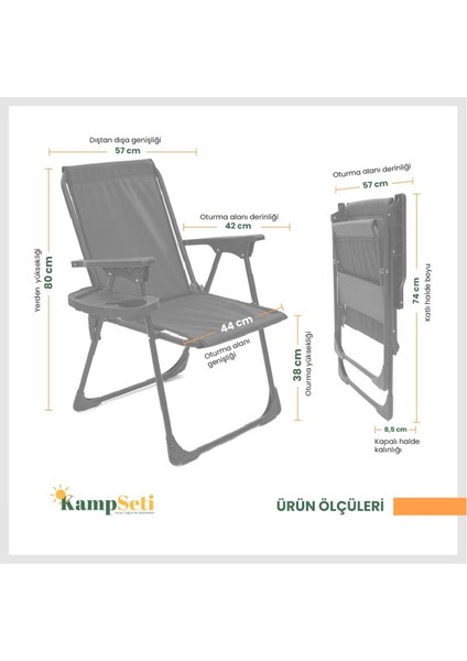 Kampseti 2 Adet Katlanır Kamp Sandalyesi - Plaj Piknik Sandalyesi Bardaklıklı M1