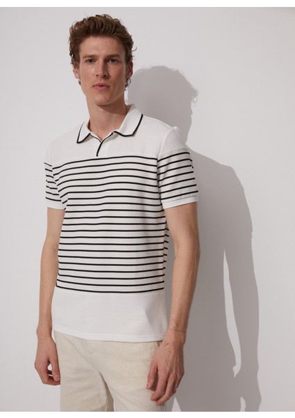 Polo Yaka Çizgili Beyaz Erkek T-Shirt PORTER