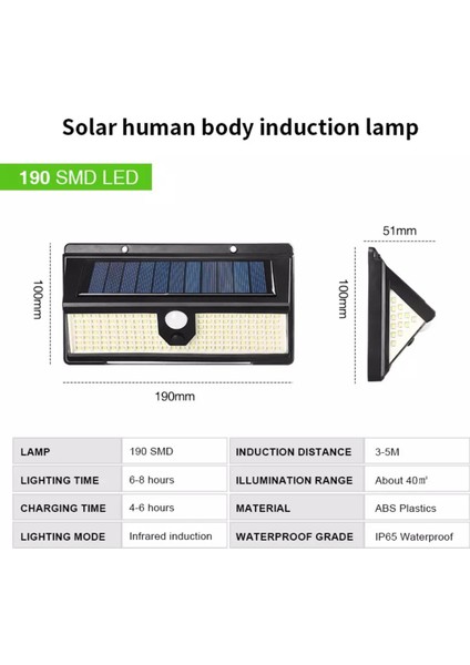 Solar Dış Mekan Bahçe Lambası 190 Ledli Çakarlı