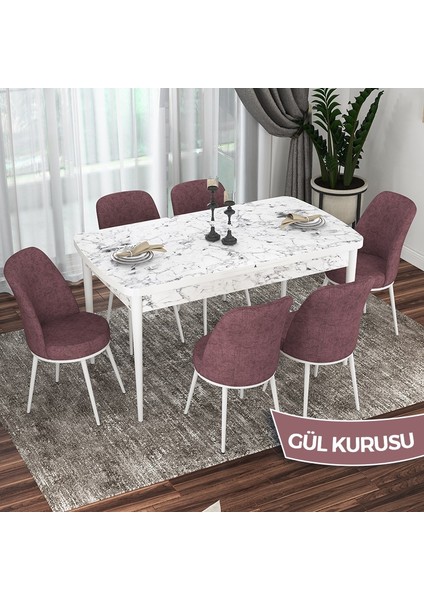 Concept Via Serisi Beyaz Mermer Desen Açılabilir 80X132 Mutfak Masası Takımı 6 Adet Sandalye