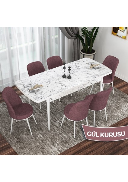 Concept Via Serisi Beyaz Mermer Desen Açılabilir 80X132 Mutfak Masası Takımı 6 Adet Sandalye