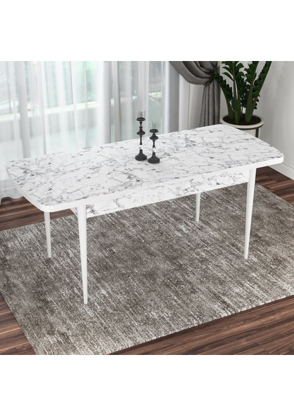 Concept Via Serisi Beyaz Mermer Desen Açılabilir 80X132 Mutfak Masası Takımı 6 Adet Sandalye