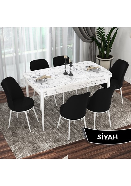 Concept Via Serisi Beyaz Mermer Desen Açılabilir 80X132 Mutfak Masası Takımı 6 Adet Sandalye