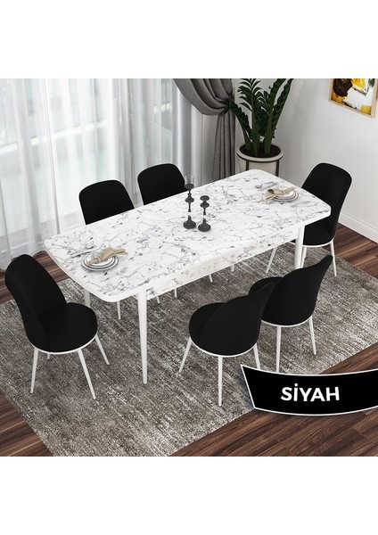 Concept Via Serisi Beyaz Mermer Desen Açılabilir 80X132 Mutfak Masası Takımı 6 Adet Sandalye