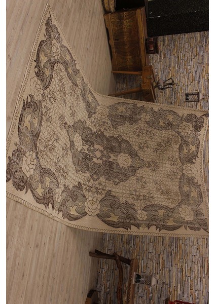 Vintage Kahverengi Göbekli Yün ve Pamuk El Dokuma Oda Salon Halısı