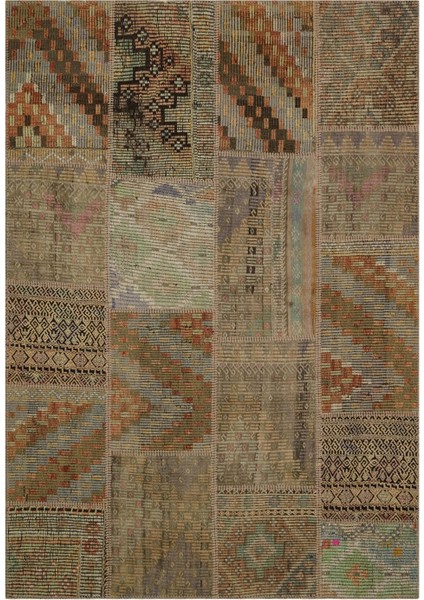 Patchwork Kahverengi Patchwork Yün ve Pamuk El Dokuma Oda Salon Halısı