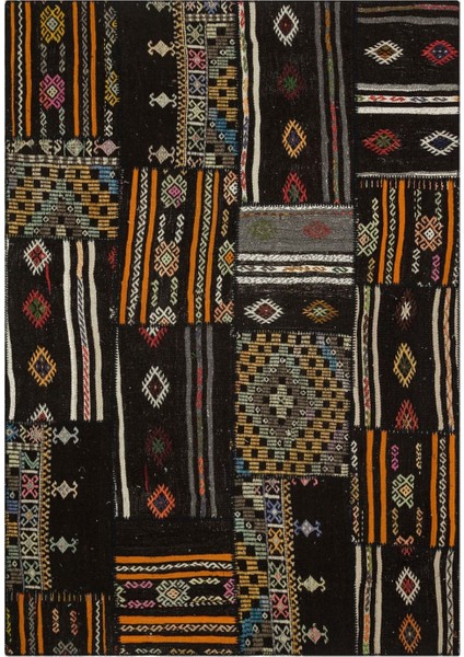Patchwork Siyah Patchwork Yün ve Pamuk El Dokuma Oda Salon Halısı