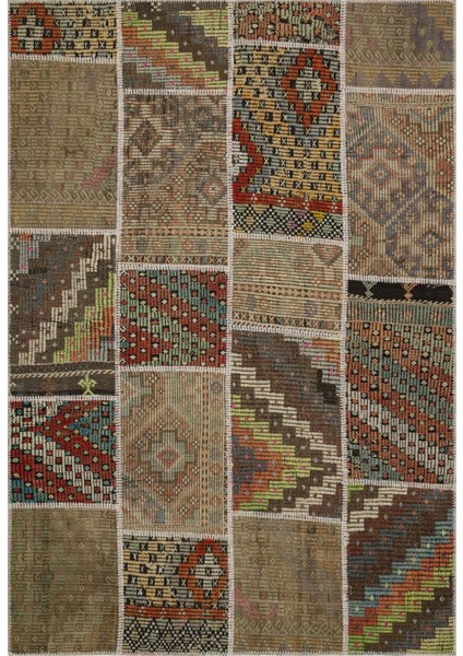 Patchwork Kahverengi Patchwork Yün ve Pamuk El Dokuma Oda Salon Halısı