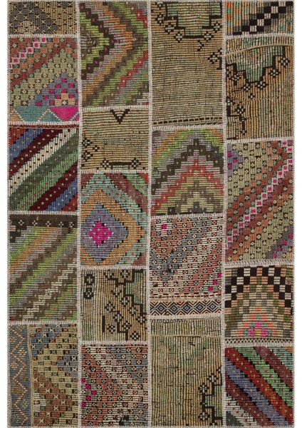 Patchwork Kahverengi Patchwork Yün ve Pamuk El Dokuma Oda Salon Halısı