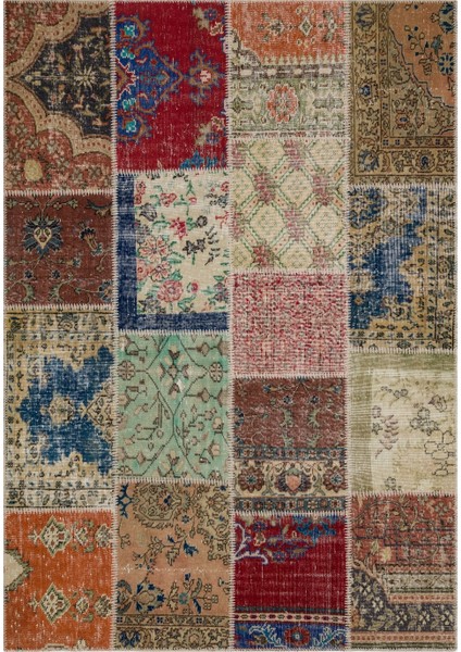 Patchwork Kahverengi Patchwork Yün ve Pamuk El Dokuma Oda Salon Halısı