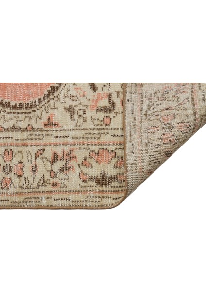 Vintage Bej Göbekli Yün ve Pamuk El Dokuma Oda Salon Halısı