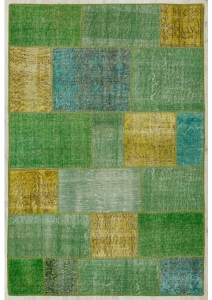 Patchwork Yeşil Patchwork Yün ve Pamuk El Dokuma Oda Salon Halısı