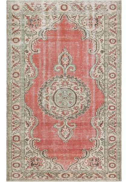 Vintage Bej Göbekli Yün ve Pamuk El Dokuma Oda Salon Halısı