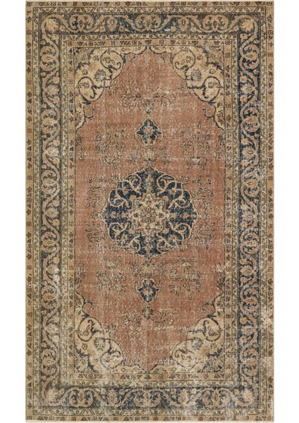 Vintage Kahverengi Göbekli Yün ve Pamuk El Dokuma Oda Salon Halısı