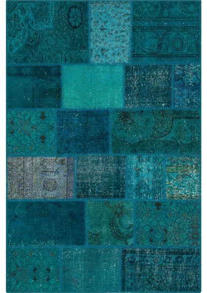 Patchwork Mavi Patchwork Yün ve Pamuk El Dokuma Oda Salon Halısı