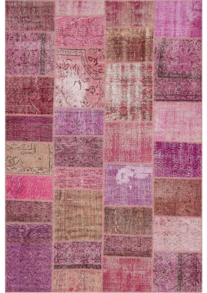 Patchwork Pembe Patchwork Yün ve Pamuk El Dokuma Oda Salon Halısı