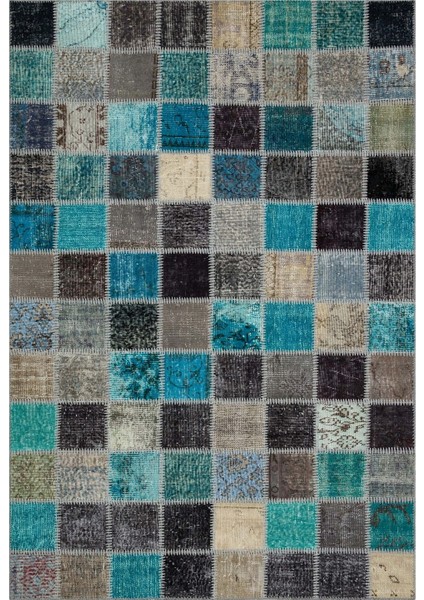 Patchwork Mavi Patchwork Yün ve Pamuk El Dokuma Oda Salon Halısı