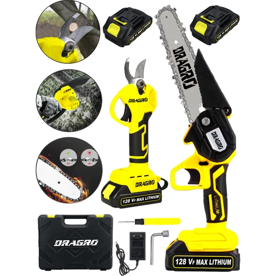 Dragro Alman 2 Li Set 128 Vf 10 Ah Çift Akülü Çelik Şanzuman Şarjlı Dal Ağaç Kesme Bağ Makası 2 Akülü