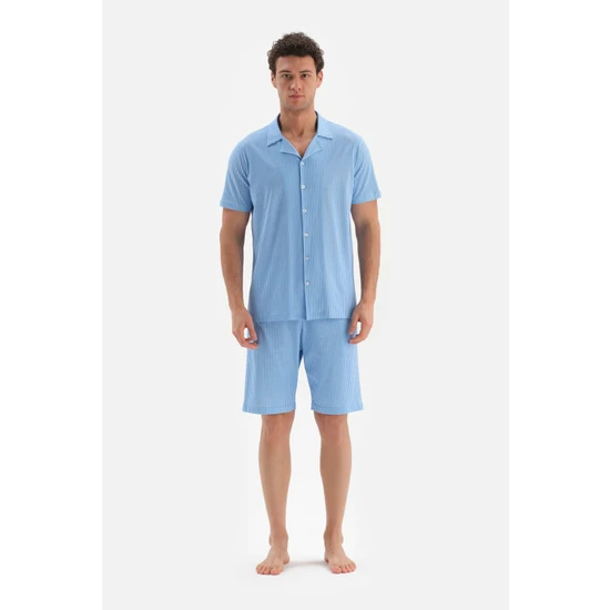 Dagi Mavi Gömlek Yaka Metraj Baskılı Şort Pijama Takımı
