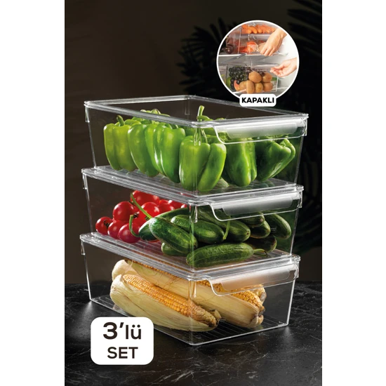 Meleni Home 3'Lü Set Kapaklı Buzdolabı Düzenleyici Buzdolabı Içi Düzenleyici Organizer 10 X 32,5 X 20 Cm