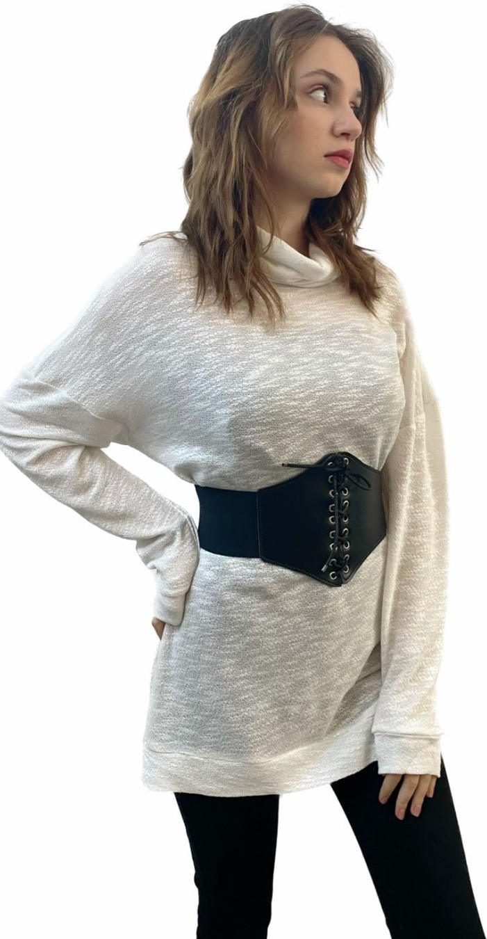Mois Atelier Beyaz Merserize Yakası Dökümlü Salaş Triko Tunik Tasarım Hediye Büyük Beden görsel 2