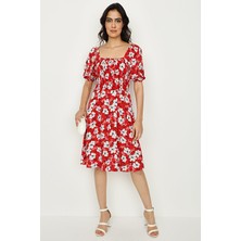 Select Moda Kadın Çiçekli Kare Yaka Balon Kollu Elbise