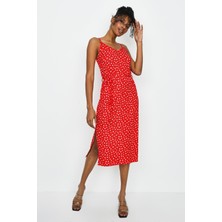 Select Moda Kadın V Yaka Desenli Yırtmaç Detaylı Uzun Elbise