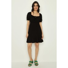 Select Moda Kadın Kare Yaka Balon Kollu Örme Elbise