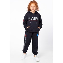 Black One Kız Çocuk Unisex  Nasa Baskı Detaylı Oversize Kapüşonlu Çocuk Eşofman Takımı