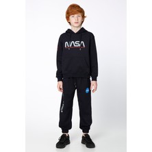 Black One Erkek Çocuk Unisex  Nasa Baskı Detaylı Oversize Kapüşonlu Çocuk Eşofman Takımı